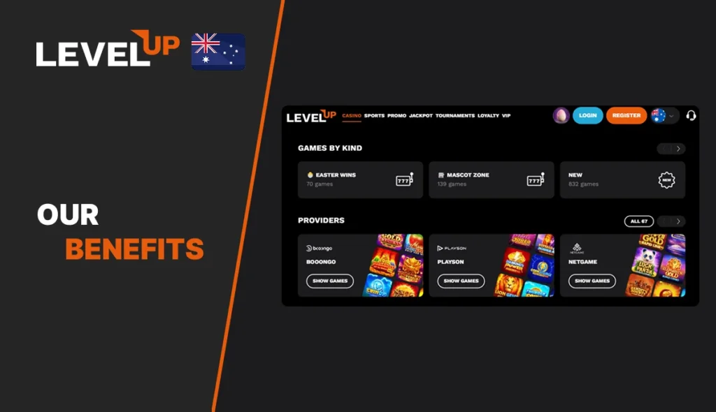 Level Up Casino benefits overview with app preview