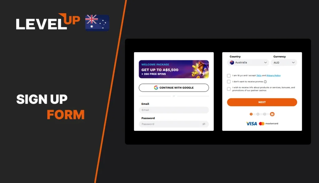 Level Up Casino sign up form on mobile screen